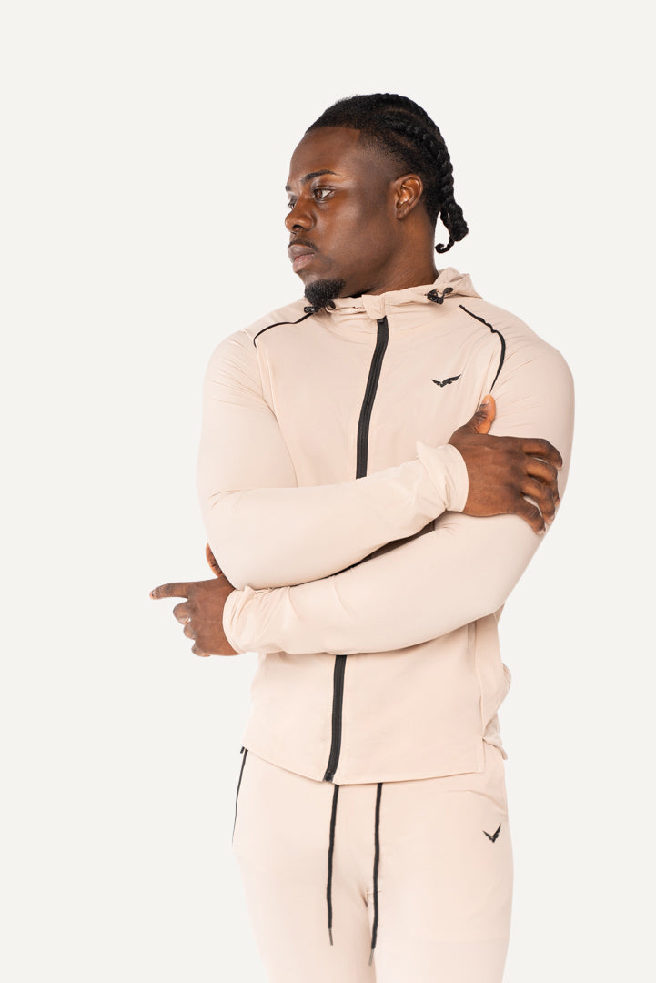 All-Day-Tracksuit für Männer, vielseitiger Trainingsanzug mit Daumenschlaufe, Zipp-Tasche und elastischem Bund, ideal für Outdoor-Aktivitäten und entspannten Komfort.