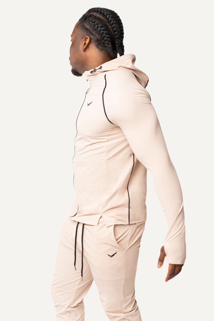 All-Day-Tracksuit für Männer, vielseitiger Trainingsanzug mit Daumenschlaufe, Zipp-Tasche und elastischem Bund, ideal für Outdoor-Aktivitäten und entspannten Komfort.